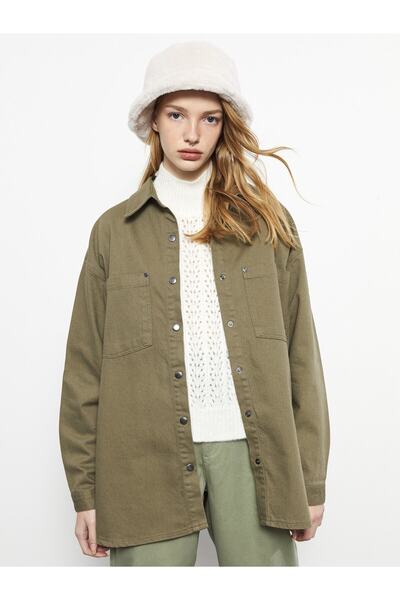 LC Waikiki Cămașă de jeans oversize pentru femei - Jachetă solidă cu mânecă l...