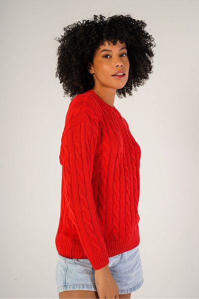 Trist Star Red Women's Braided Crew Neck 100% Cotton Sweater