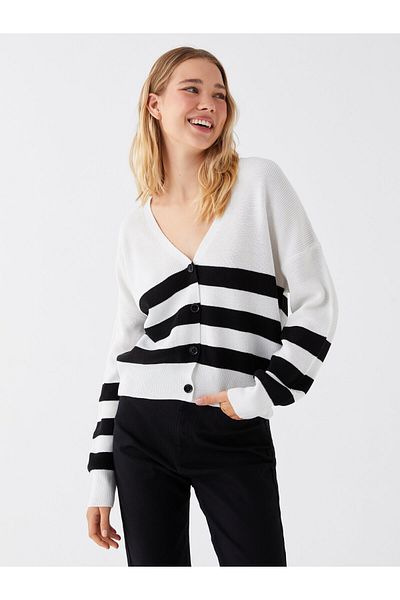LC Waikiki V-Neck Color Blocked Long Sleeve Women's Knitwear Cardigan
