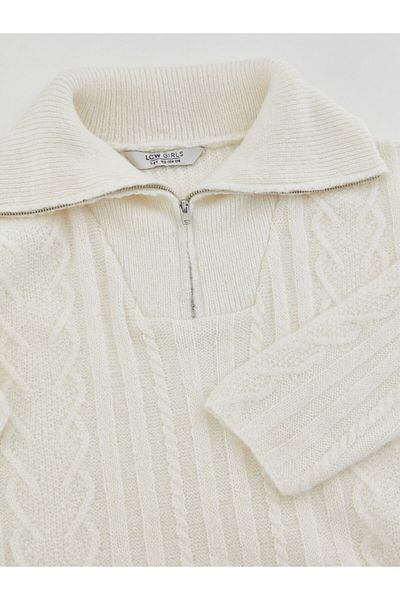 LC Waikiki Polo Collar Self Patterned Long Sleeve Girl's Knitwear Sweater