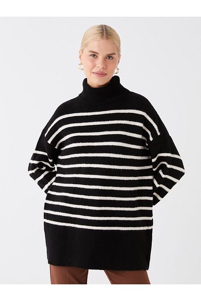 LC Waikiki Rolákový oversize dámský pletený svetr s pruhovaným dlouhým rukávem