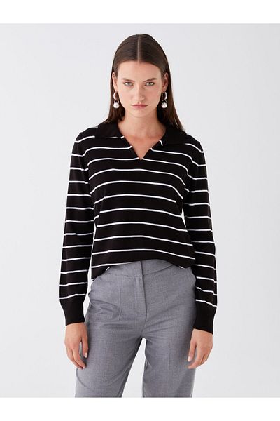 LC Waikiki Gestreifter langärmliger Damen-Strickpullover mit Polokragen