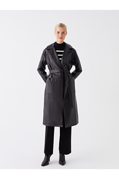 LC Waikiki Μπουφάν γιακά ίσιο μακρυμάνικο γυναικείο δερμάτινο παλτό