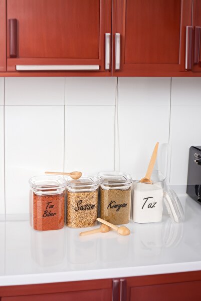 TARÇIN HOMES 4'lü 200 ml Vakumlu Sızdırmaz Bambu Kaşıklı Şeffaf Etiketli Akri...