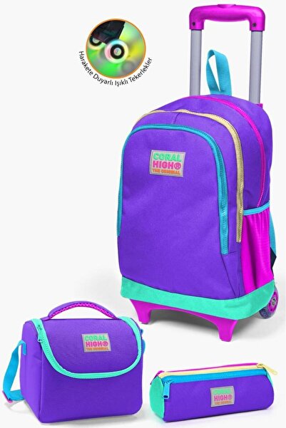 Coral High Kids Purple Color Detailed 3-Piece School Bag Set with Squeegee SE...