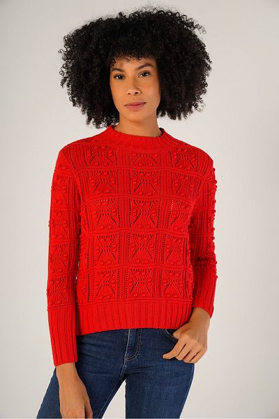 Trist Star Red Women's Pom Pom Patterned Openwork Crew Neck 100% Cotton Sweater