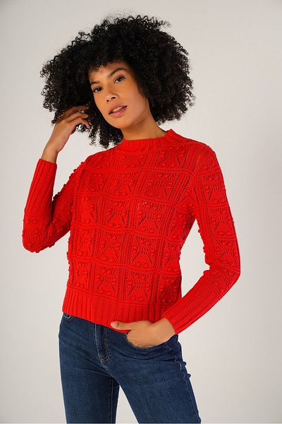 Trist Star Red Women's Pom Pom Patterned Openwork Crew Neck 100% Cotton Sweater