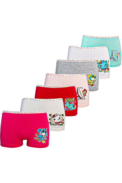 12'li Paket Neşeli Karakter Baskılı Doğal Penye Kız Çocuk Boxer