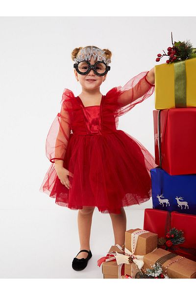 LC Waikiki Square Neck Long Sleeve Basic Baby Girl Evening Dress
