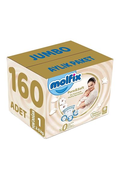 Molfix Pure&Soft Baby Diapers Size:1 (2-5Kg) Newborn 160 Pieces Jumbo Monthly Pack