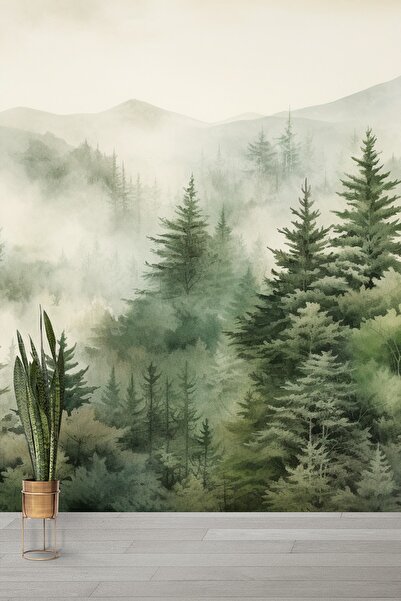 Dekoros Sisli Orman Manzaralı Poster Duvar Kağıdı, Palmiye Ağaçları ve Dağlar...