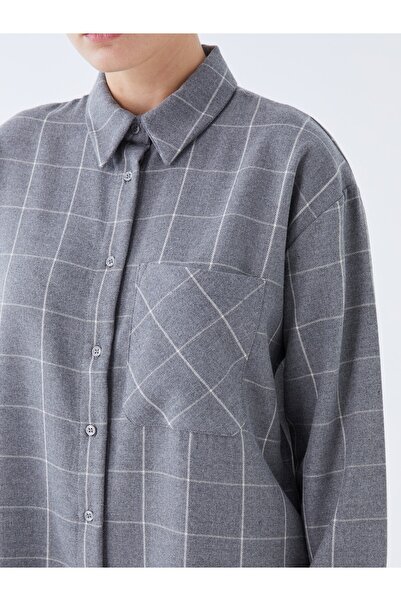 LC Waikiki Gömlek Yaka Ekose Uzun Kollu Oversize Kadın Tunik