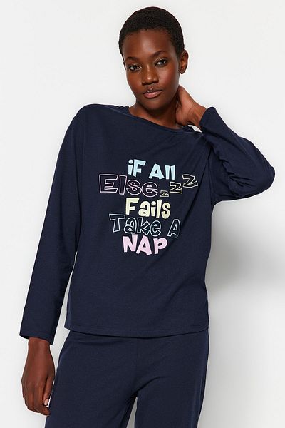 Trendyol Collection Navy Blue Cotton Slogan Printed Tshirt-Pants Knitted Pajama Set THMAW24PT00015