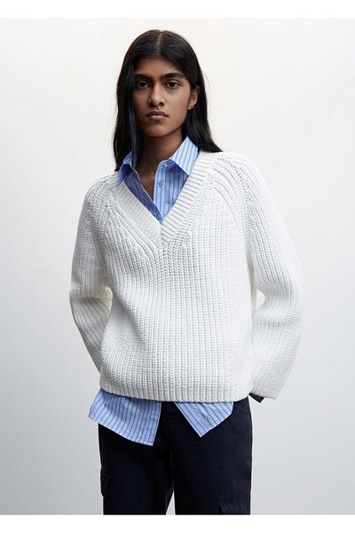 MANGO Woman V-Neck Thick Knitwear Sweater