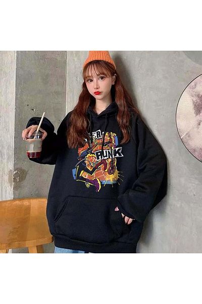 Touz Moda dompuleri fashion Spider Punk Printed Μαύρο φούτερ με κουκούλα Unisex Oversize