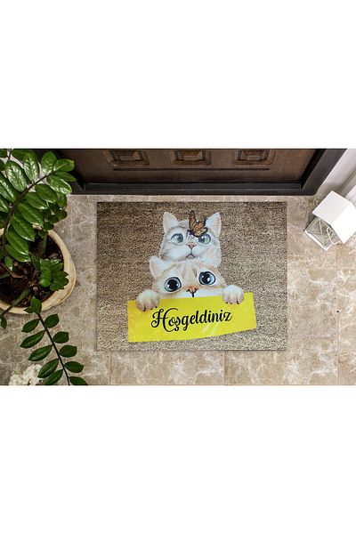 yok yok evim eve dair her şey Welcome Cute Cats Door Mat