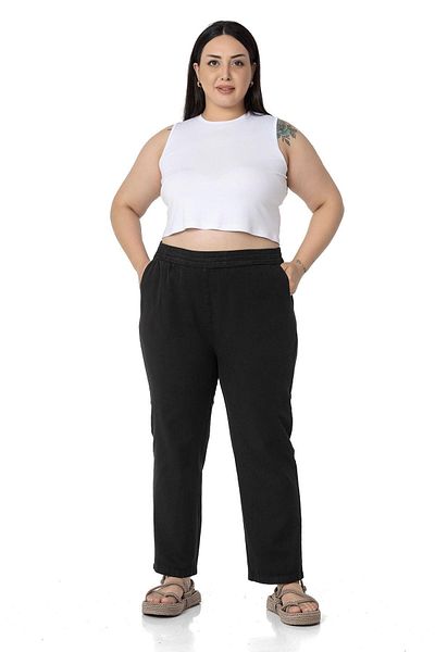 DISENTIS MODEST Plus Size Gabardine Black Trousers with Elastic Waist and Pockets