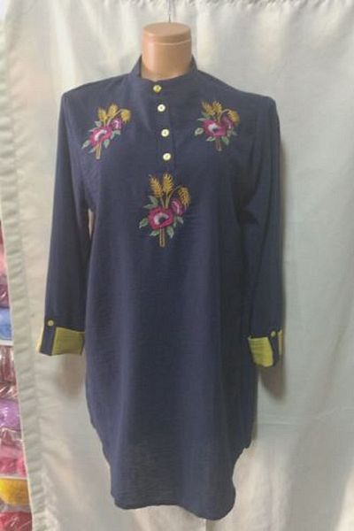 KADO Navy Blue Linen 4-Button Embroidered Tunic Useful Quality Anti-Sweat Beautiful Stylish