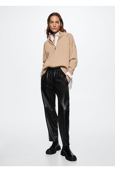 MANGO Woman Leather Look Elastic Waist Trousers