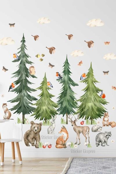 Sticker Ekspres Ormanda Yaşam Ağaç Ve Hayvanlar Çocuk Odası Duvar Sticker Seti