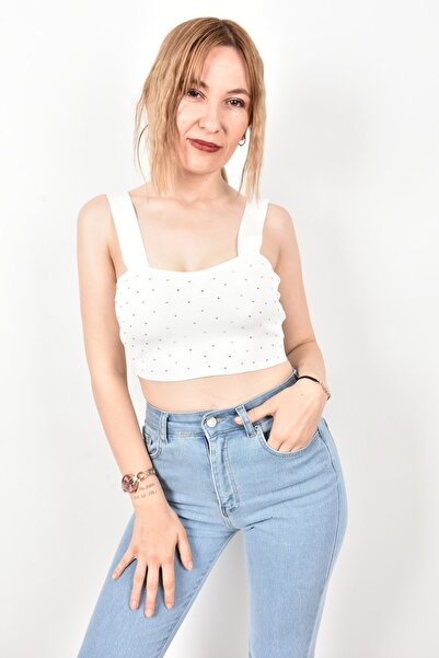 moda caddesi Kalın Askılı Dolu Iğne Kare Yaka Taşlı Crop
