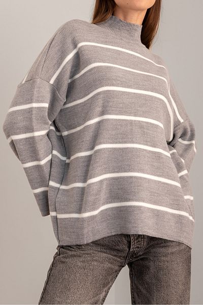Nimas Women's Gray Oversize Striped Half Turtleneck Knitwear Sweater, Striped Sweater, Women's Sweater
