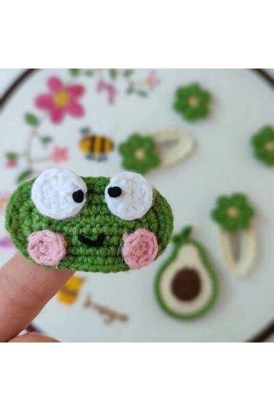 zanaatçı anne 2'li Örgü Amigurumi Kurbağa Çıtçıtlı Kız Çocuk Toka Seti