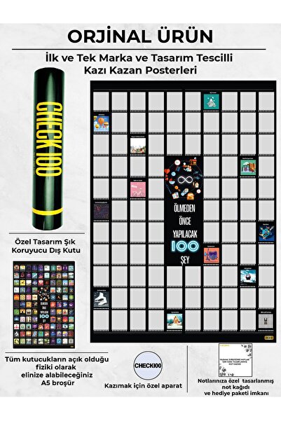 Check100 Ölmeden önce yapılacak 100 Şey Kazı kazan Poster,  Kazınabilir Hediyelik Poster