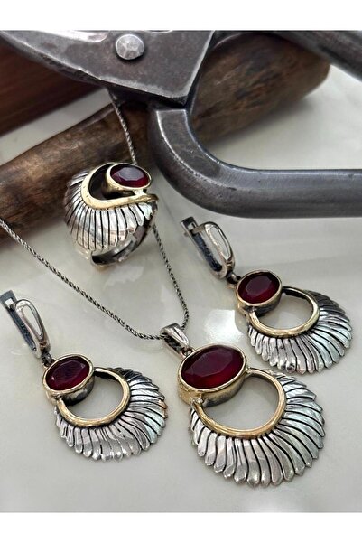 Doğan Silver Yakut Taşlı Güneş Tasarım Elişi Gümüş Set Dgn21547