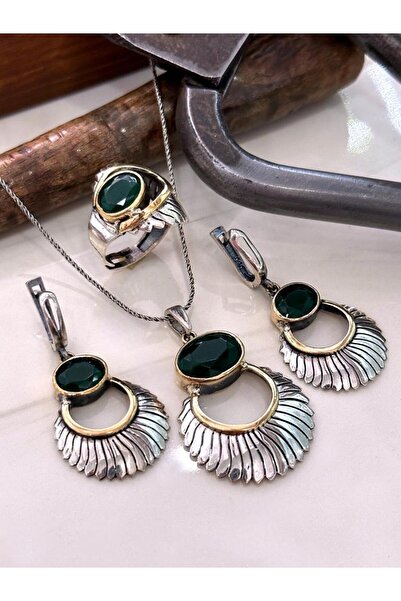Doğan Silver Zümrüt Taşlı Güneş Tasarım Elişi Gümüş Set Dgn21545
