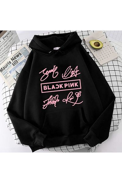 MECH BUTİK Черен суитшърт с качулка и принт отпред Blackpink