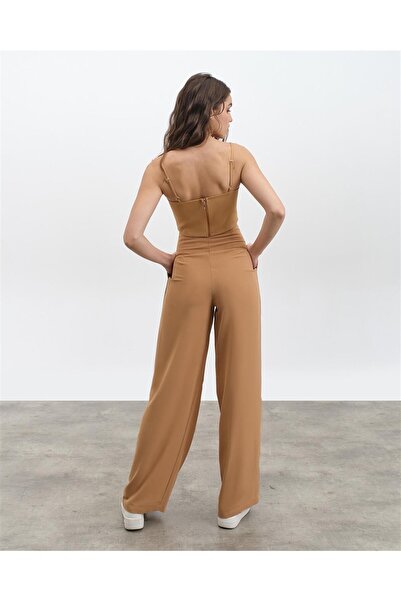 Diemmood Καφέ παντελόνι παλάτσο με ψηλή μέση και πιέτες