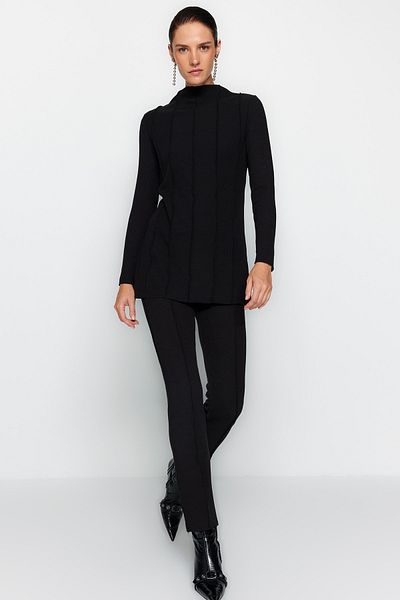 Trendyol Modest Black Knitted Blouse and Trousers Set - Ribbed Detail, TCTAW24US00082