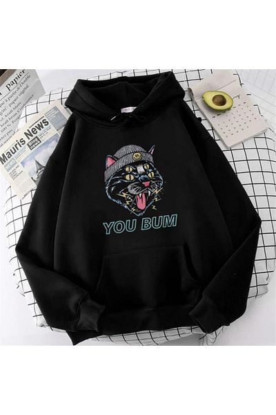 Touz Moda dompuleri fashion You Bum Cat με στάμπα μαύρο Unisex Oversize φούτερ με κουκούλα