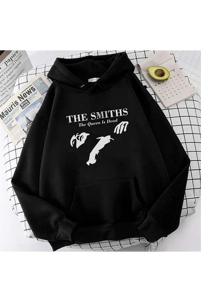 Touz Moda dompuleri moda The Smiths Printed Black Unisex Oversize φούτερ με κουκούλα