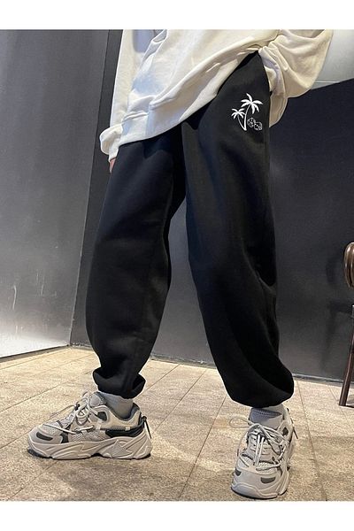 MODARİCH Dice Palm Jogger Sweatpants - Μαύρο εμπριμέ ελαστικό πόδι με ανασηκωμένη ψηλή μέση