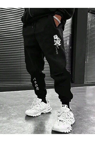 MODARİCH Φούτερ Chinese Rose Jogger - Μαύρο εμπριμέ λαστιχένιο πόδι με ψηλόμεσο