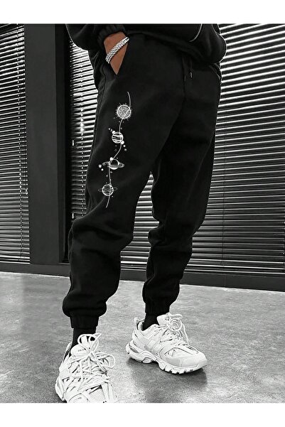 MODARİCH Planets Jogger Sweatpants - Μαύρο εμπριμέ ελαστικό πόδι με ψηλή μέση
