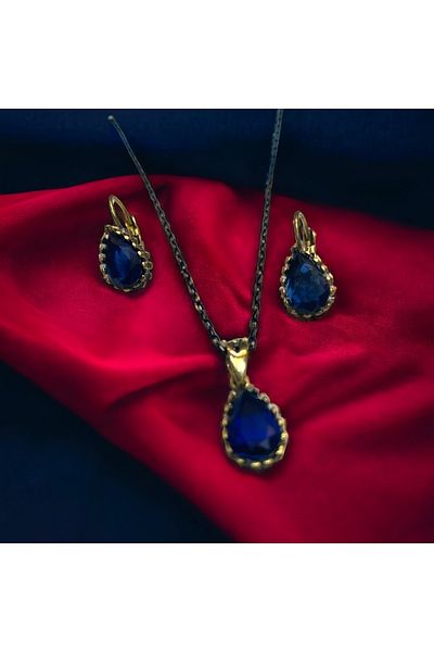 kapris concept aquamarine necklace earring set.copper antiallergic natural stone retro