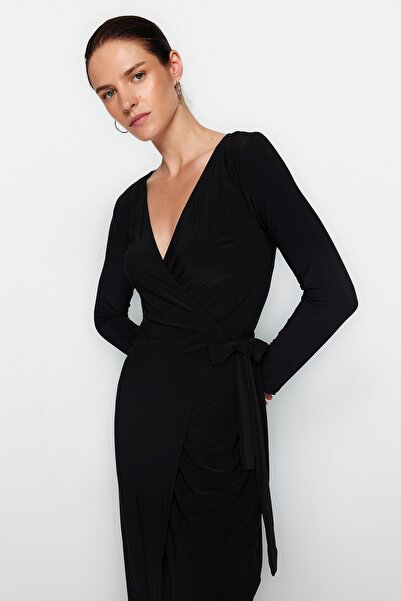 Trendyol Collection Black Double Breasted Neck Belted Fitted Midi Knitted Dress TWOAW24EL00290