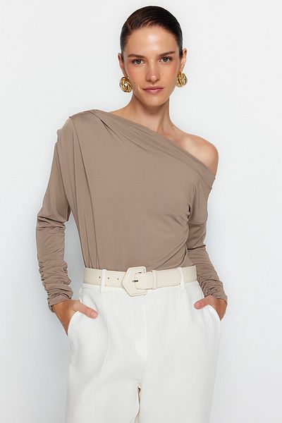 Trendyol Collection Βιζόν ασύμμετρος γιακάς Flowy ελαστική πλεκτή μπλούζα TWOAW21BZ1383