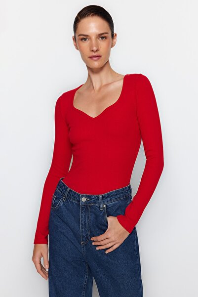Trendyol Collection Piros szív gallér, hosszú ujjú bordázott, rugalmas, pattintható kötött test TWOAW22BD0018
