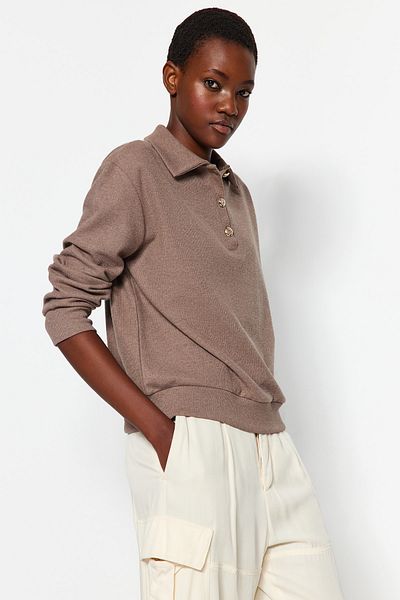 Trendyol Collection Stone Thessaloniki/Knitwear Look Regular/Regular Fit Buttoned Knitted Sweatshirt TWOAW24SW00143