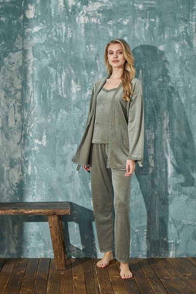bie's Khaki Green French Velvet Rope Strap Dressing Gown Lace Detailed Pajama Set 3 Piece Set - Dowry Set