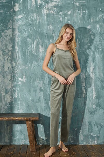 bie's Χακί πράσινο γαλλικό βελούδινο σχοινί λουράκι Peignoir με δαντέλα Λεπτομερές σετ πιτζάμες 3 τεμαχίων - Σετ θήκης προίκας