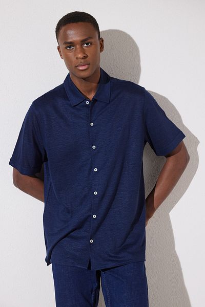 BROOKS BROTHERS Marineblaues, kurzärmliges Leinenhemd für Herren