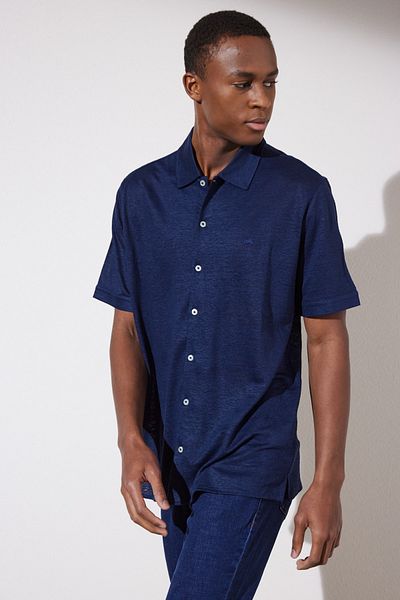 BROOKS BROTHERS Marineblaues, kurzärmliges Leinenhemd für Herren