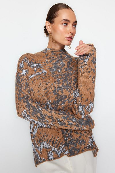 Trendyol Collection Camel Self Patterned Stand Collar Knitwear Sweater TWOAW24KZ01092