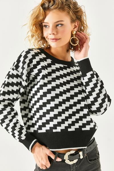 Olalook Γυναικεία πλεκτά μπλούζα με μαύρη ζιγκ-ζαγκ μοτίβο Crop BLZ-19002370