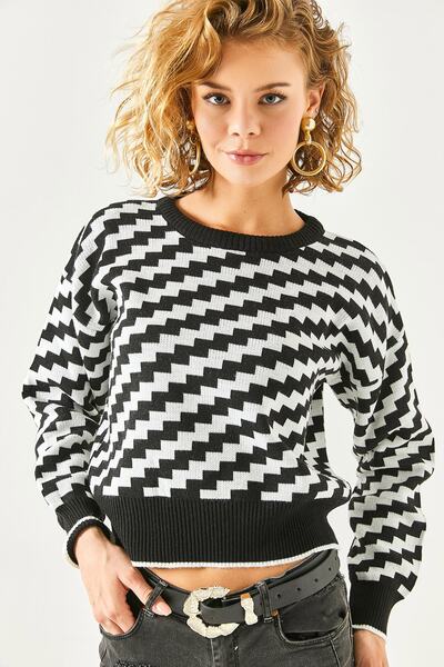 Olalook Γυναικεία πλεκτά μπλούζα με μαύρη ζιγκ-ζαγκ μοτίβο Crop BLZ-19002370